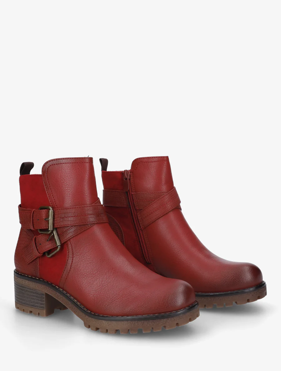 Enkellaarsjes van twee materialen met dubbele riemen - Rood - Image 4