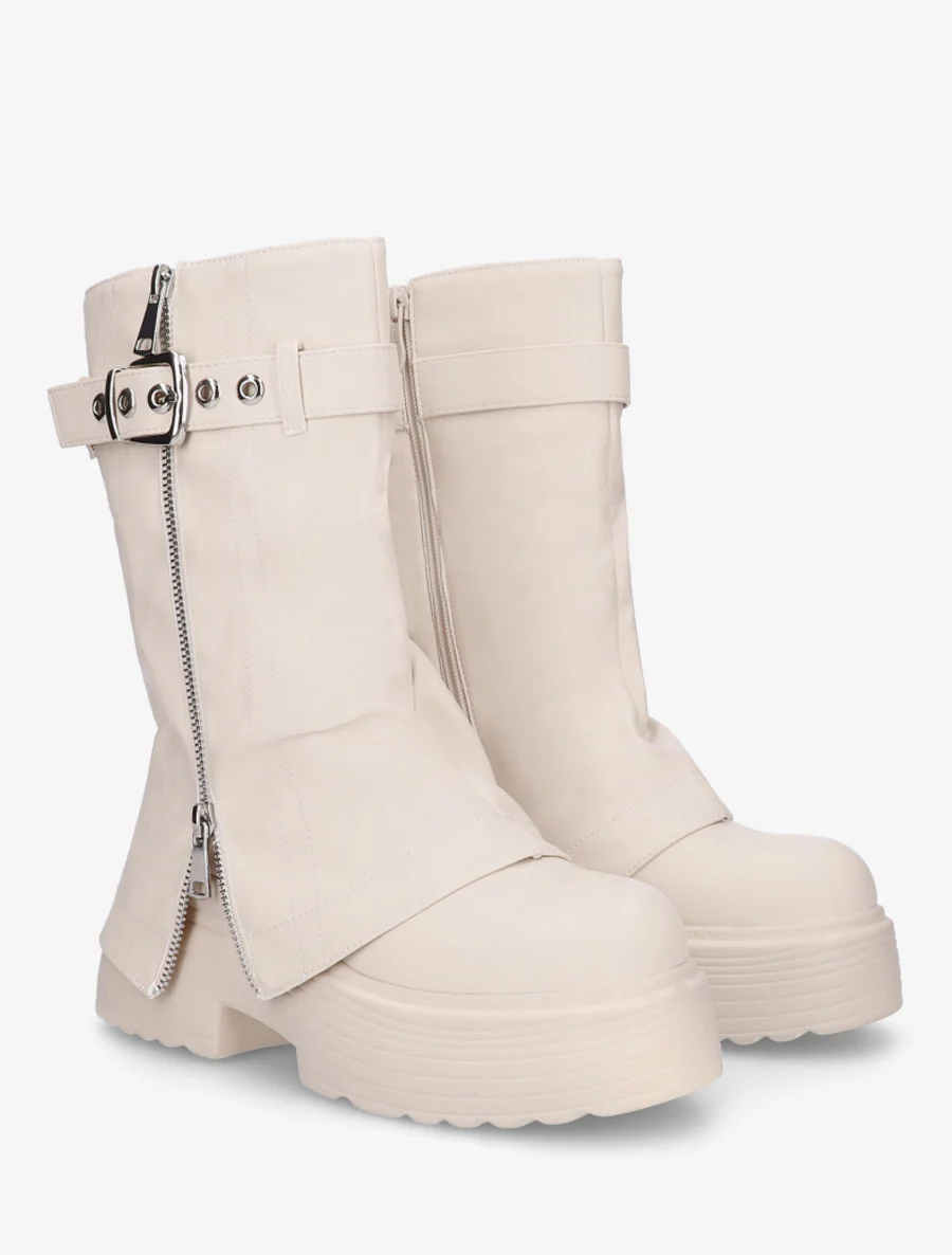 Enkellaarzen met omslag en decoratieve rits - Beige - Image 4