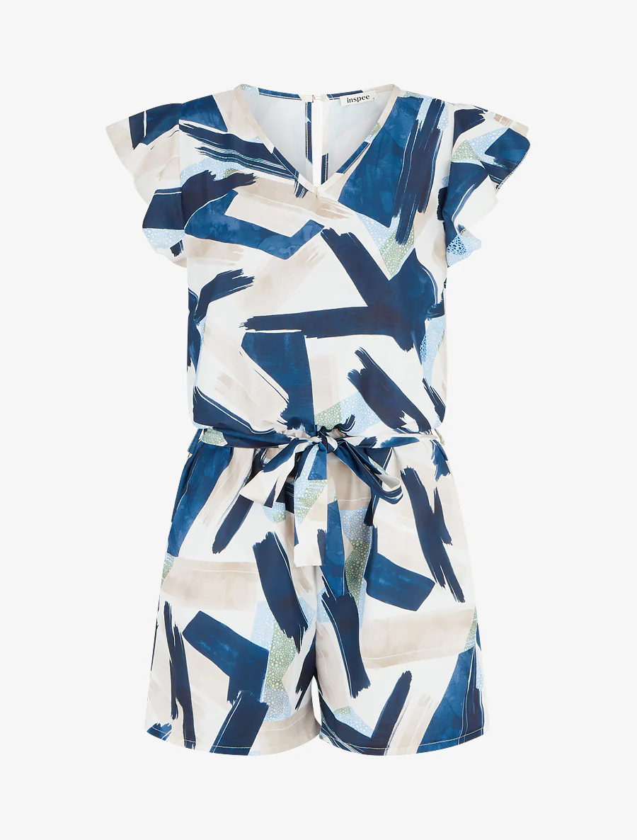 Fantasie jumpsuit met korte, gerimpelde mouwen - Marine