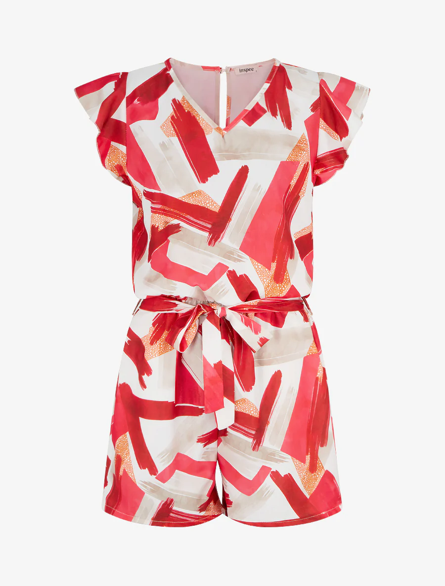 Fantasie jumpsuit met korte, gerimpelde mouwen - Rood
