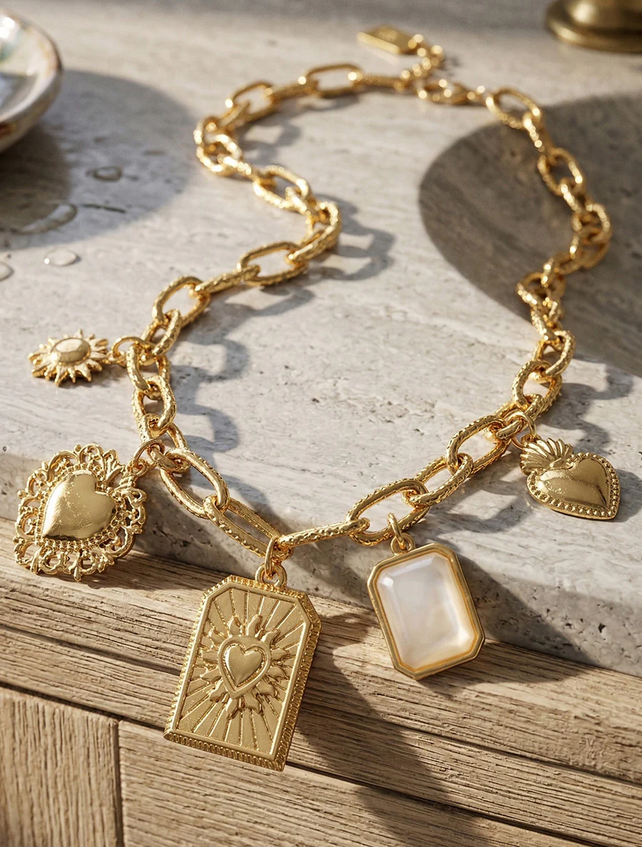 Fantasieketting met hartmotieven en gekleurde stenen - Beige