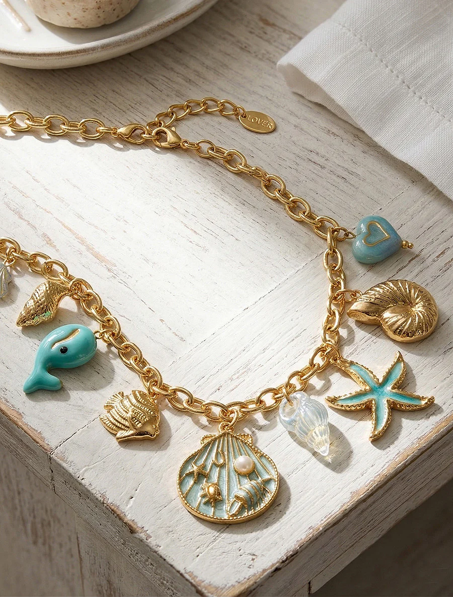 Fantasieketting met maritiem en hartmotief - Turkoois