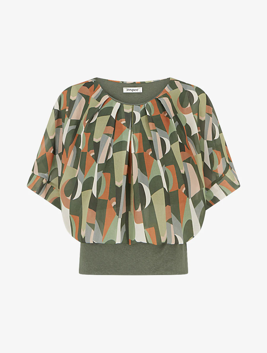 Fantasieprint top met korte mouwen - Kaki