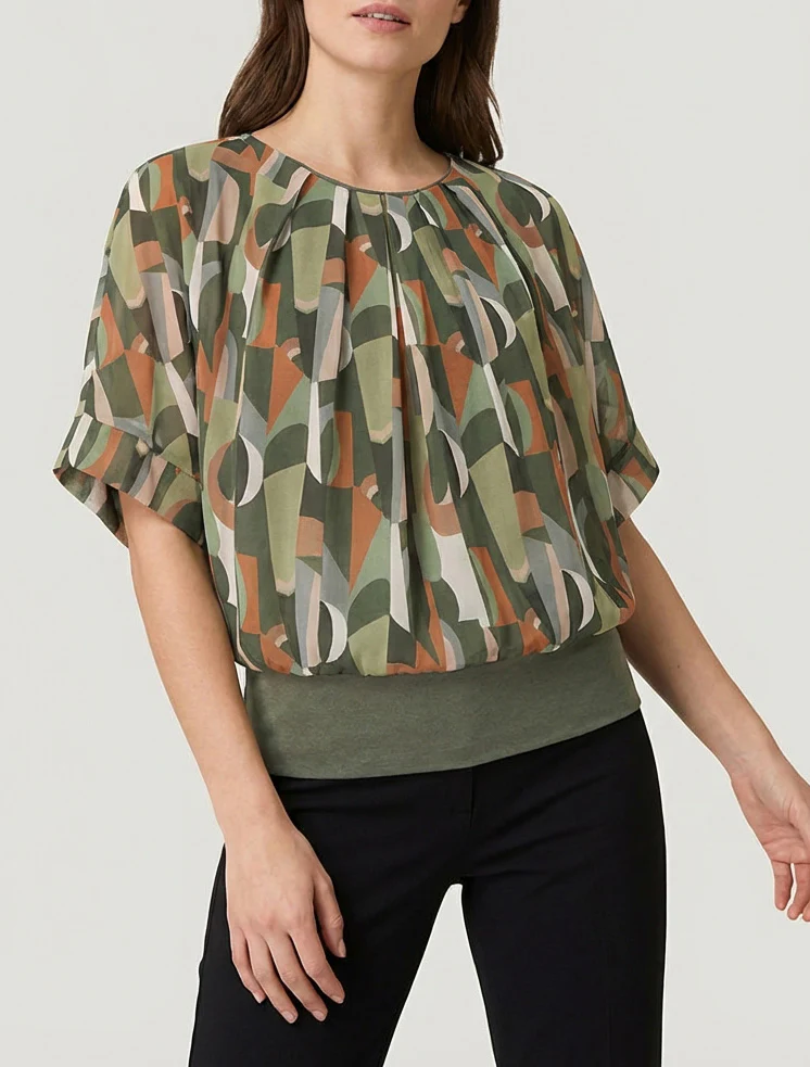 Fantasieprint top met korte mouwen - Kaki - Image 4