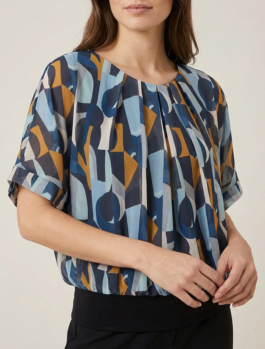 Fantasieprint top met korte mouwen - Blauw - Image 4
