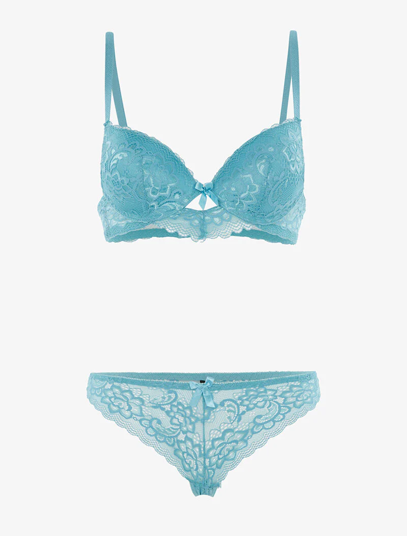 Set in fijne bloemenkant en string - turquoise