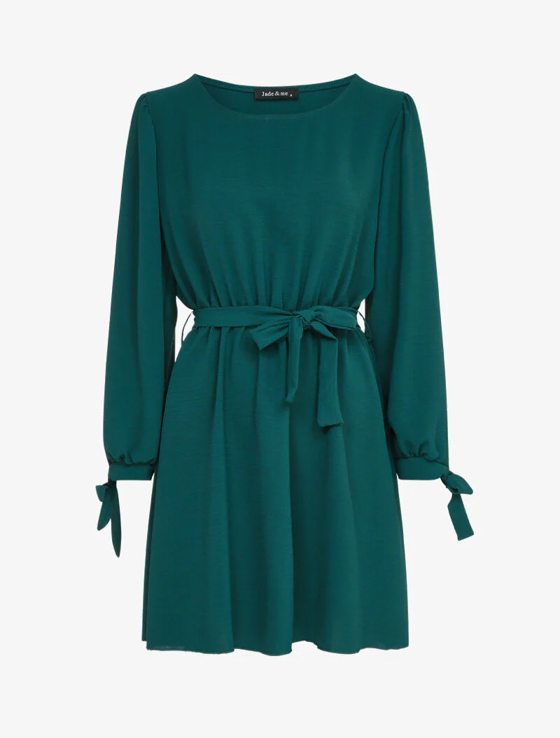 Fit & flare jurk met strikbare manchetten - Blauwgroen