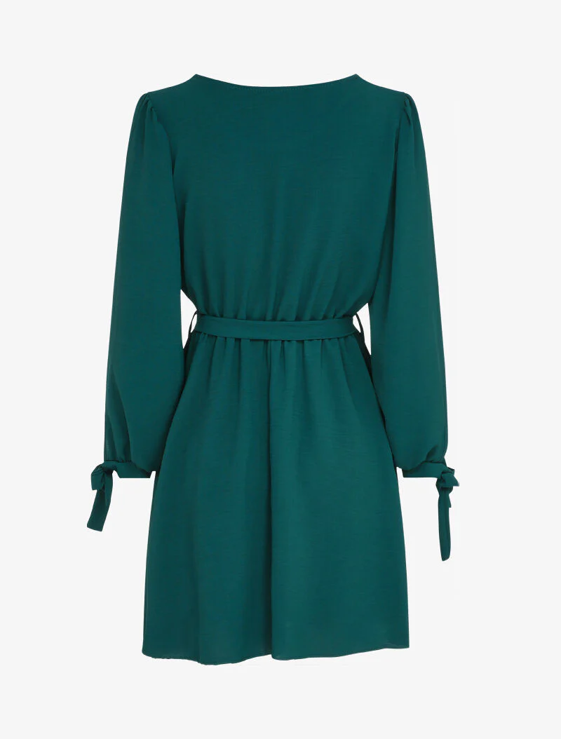 Fit & flare jurk met strikbare manchetten - Blauwgroen - Image 2