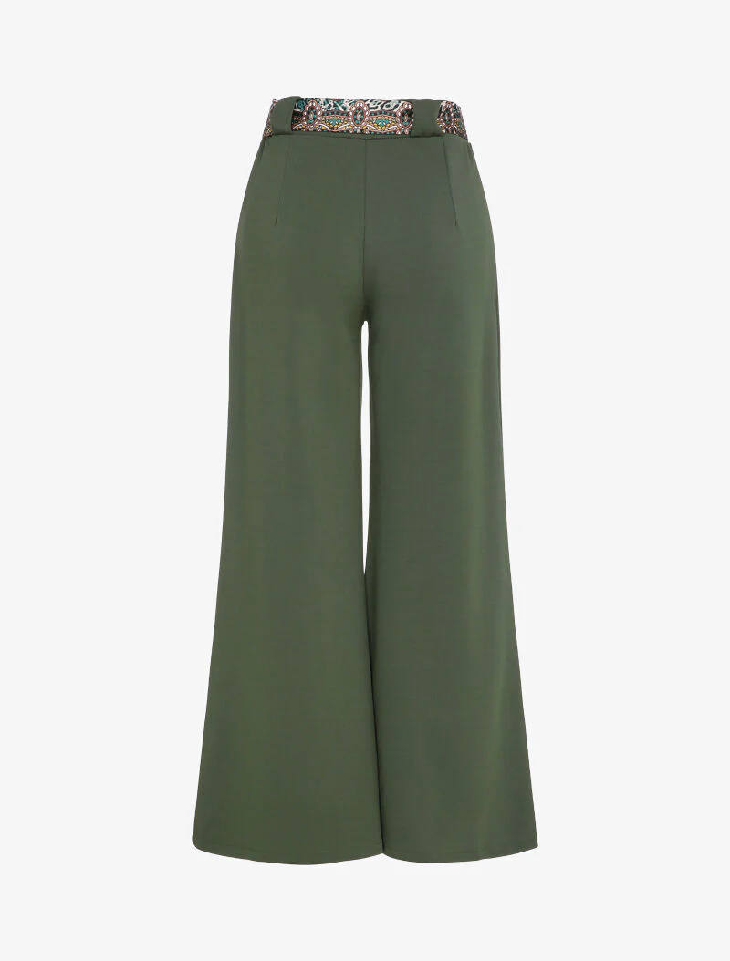 Elastische flared broek met sjaalstijl riem - Olijfgroen - Image 2