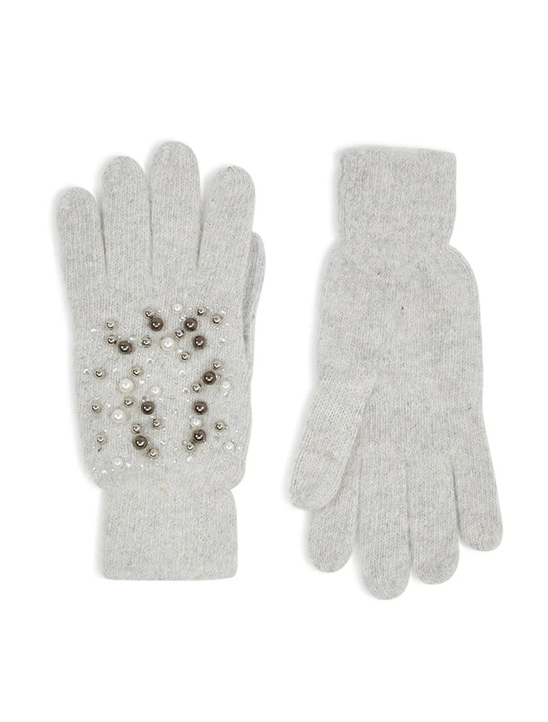 Angora handschoenen met parels en strass - gemĂȘleerd grijs