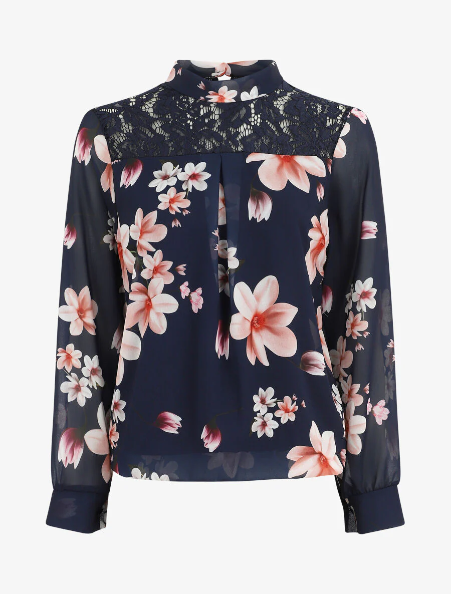 Gebloemde top met kant - Marineblauw