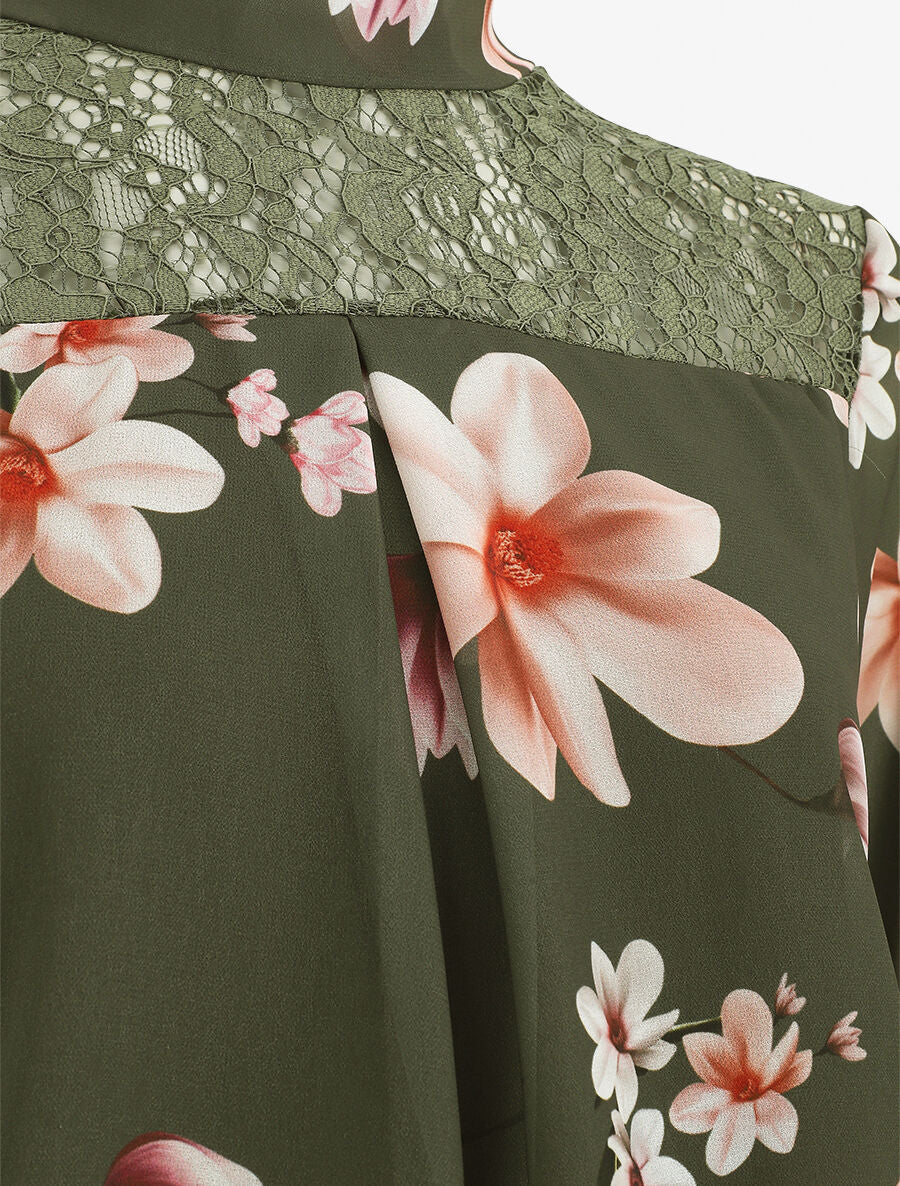 Gebloemde top met kant - Kakigroen - Image 3