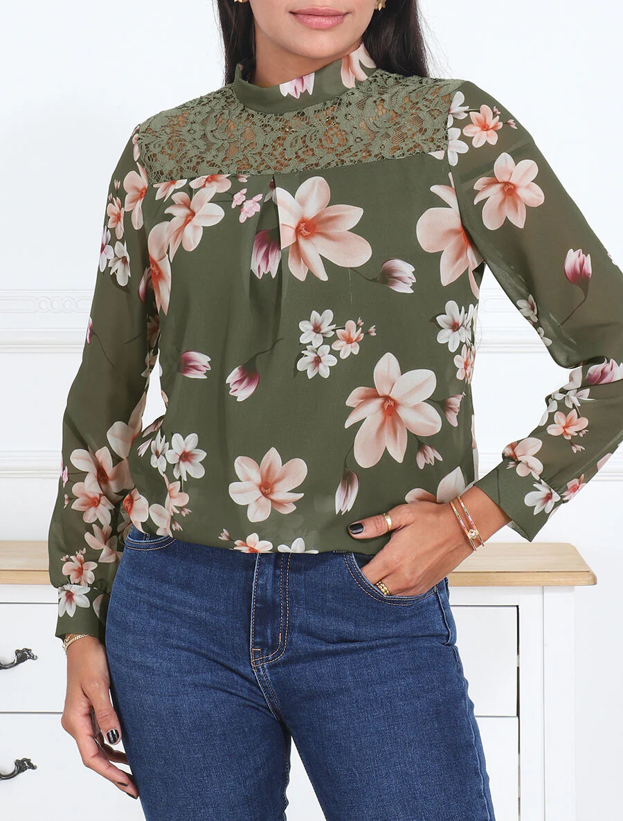 Gebloemde top met kant - Kakigroen - Image 4