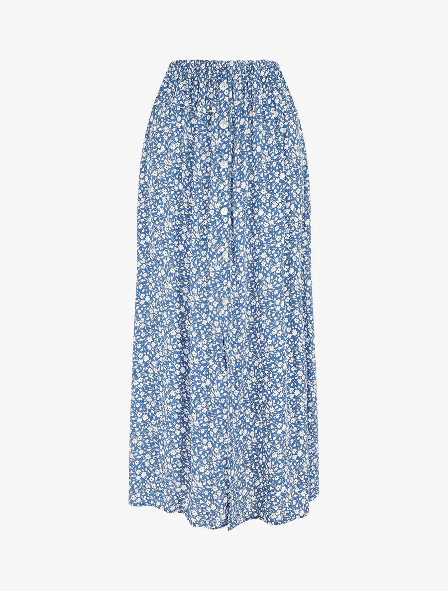 Gebloemde uitlopende midi-rok met knopen - blauw