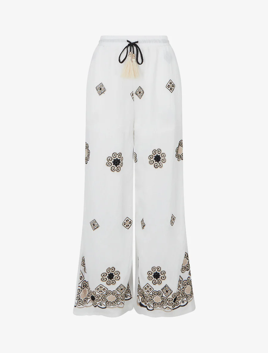 Geborduurde broek met elastische hoge taille - Wit
