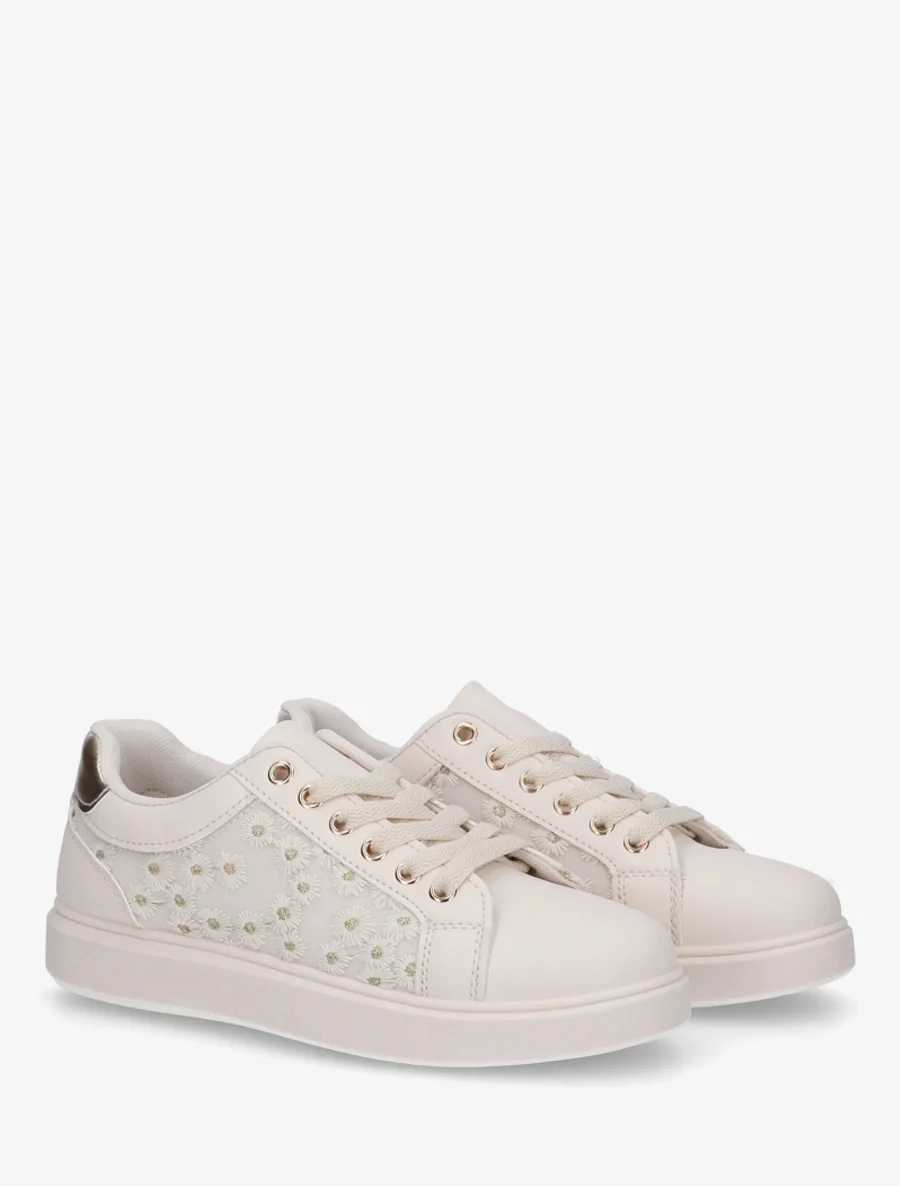Geborduurde sneakers met madeliefjesmotief - Beige - Image 4