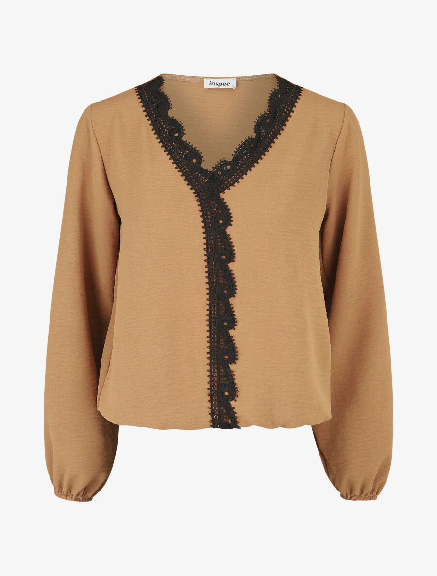 Geborduurde V-hals blouse - Camel