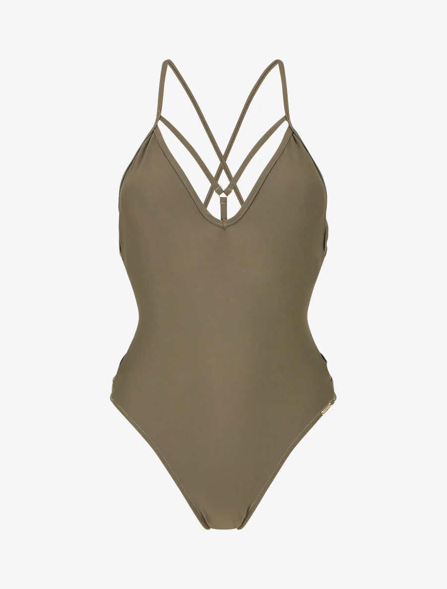 Gebreide badpak met knoopbandjes - Khaki