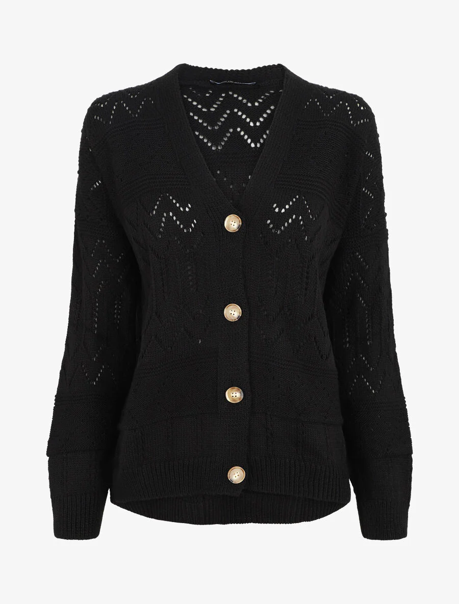 Gebreide cardigan met opengewerkte details en geribde randen - Zwart