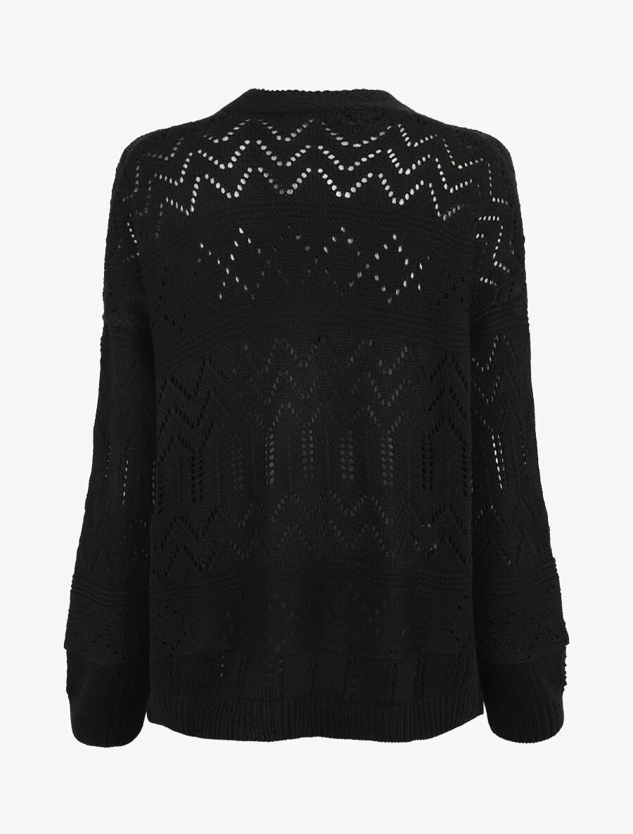 Gebreide cardigan met opengewerkte details en geribde randen - Zwart - Image 2