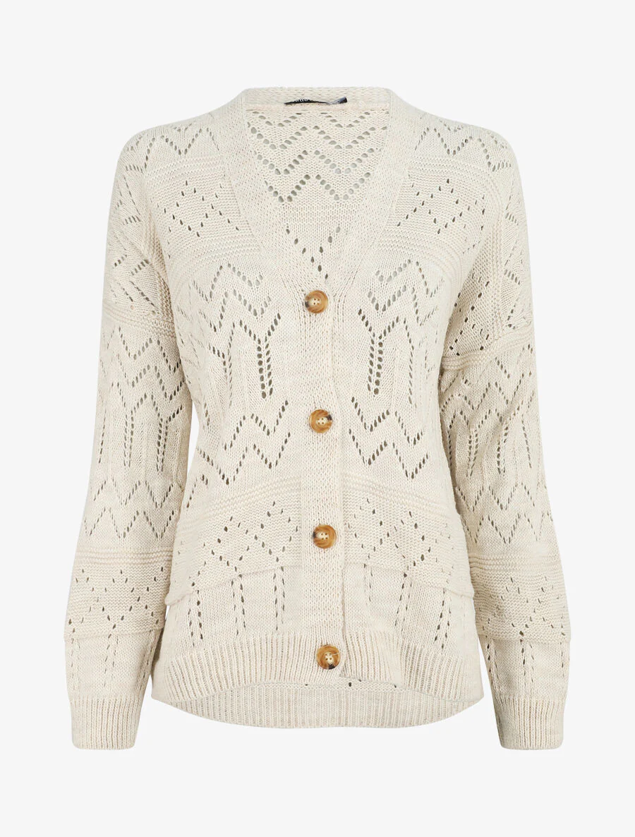 Gebreide cardigan met opengewerkte details en geribde randen - beige