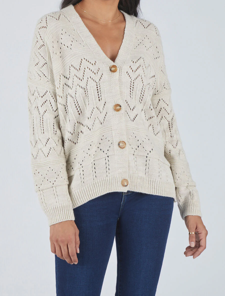 Gebreide cardigan met opengewerkte details en geribde randen - beige - Image 4