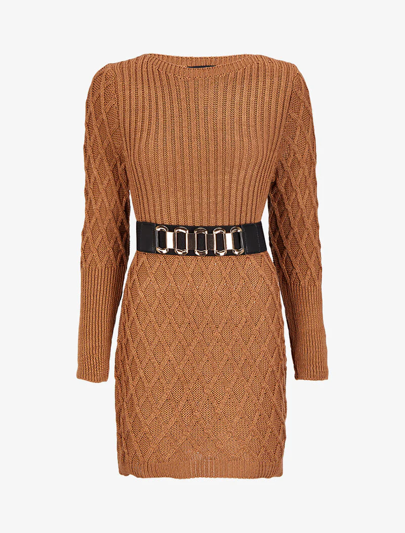 Gebreide trui jurk met gekruist effect - Camel