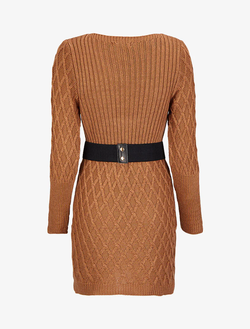 Gebreide trui jurk met gekruist effect - Camel - Image 2