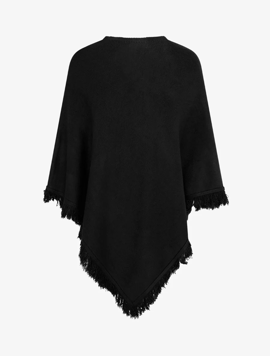 Gebreide poncho met franjes - Zwart