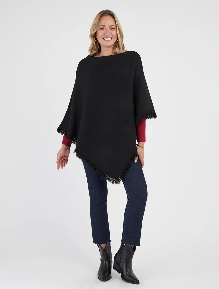Gebreide poncho met franjes - Zwart - Image 4