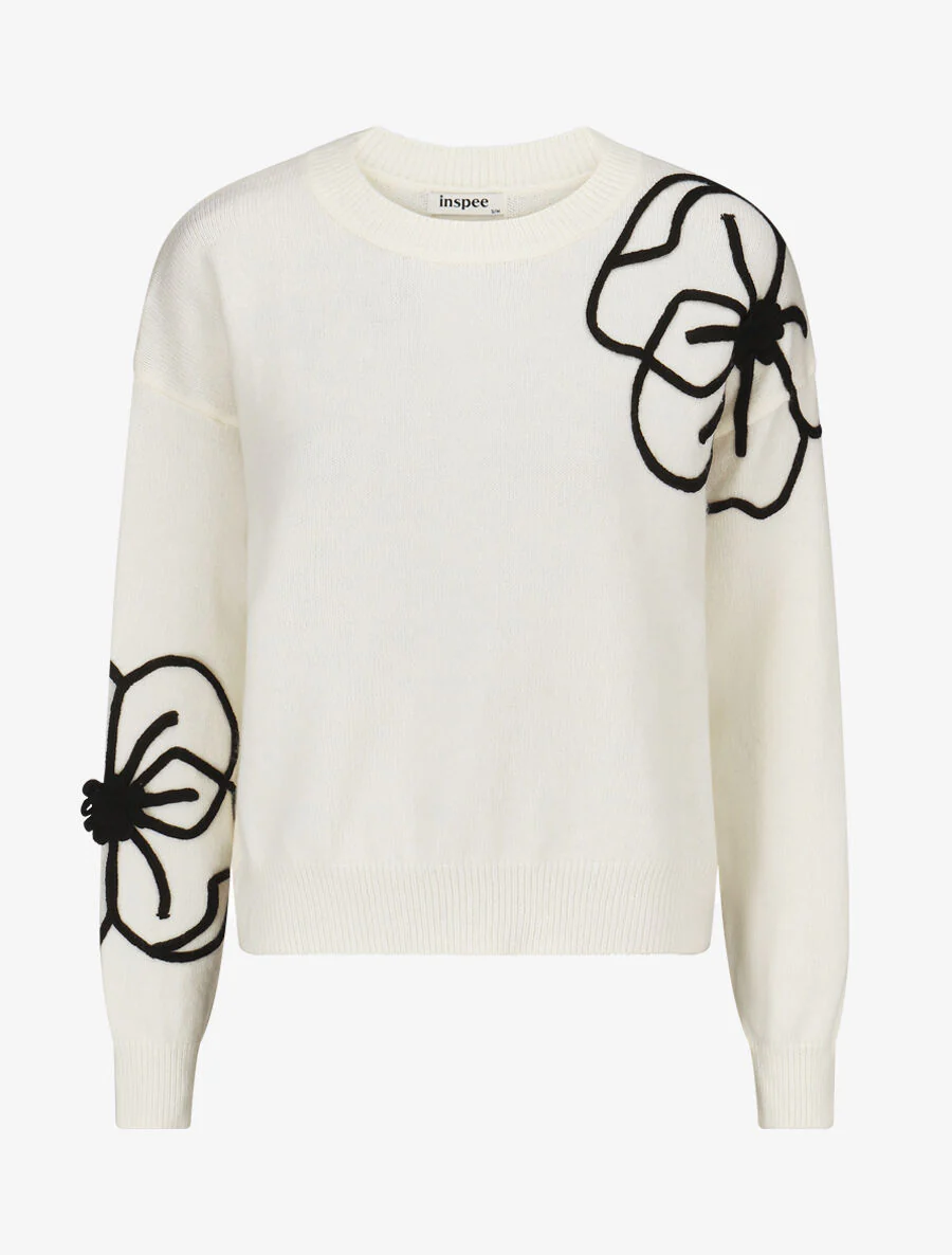 Gebreide trui met geborduurde bloemen - Crème