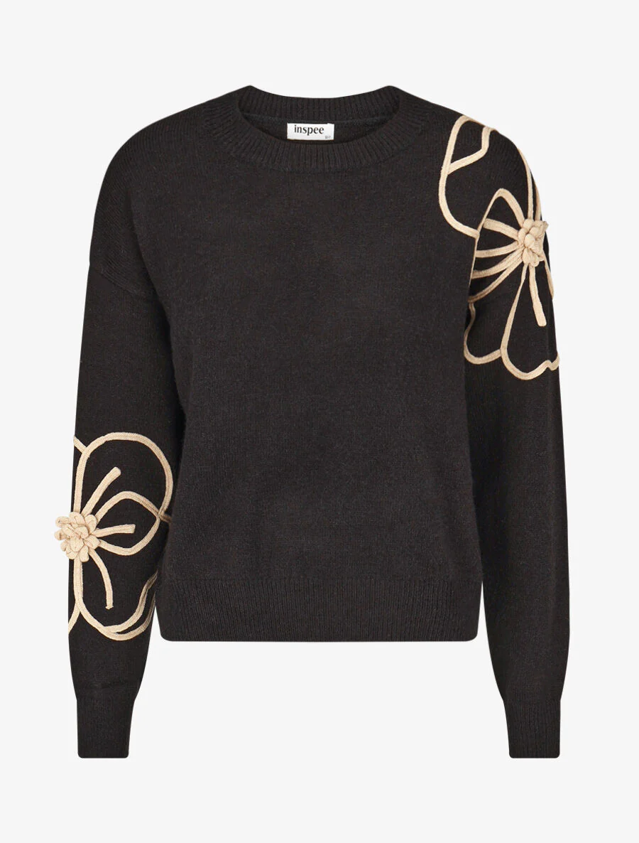 Gebreide trui met geborduurde bloemen - zwart