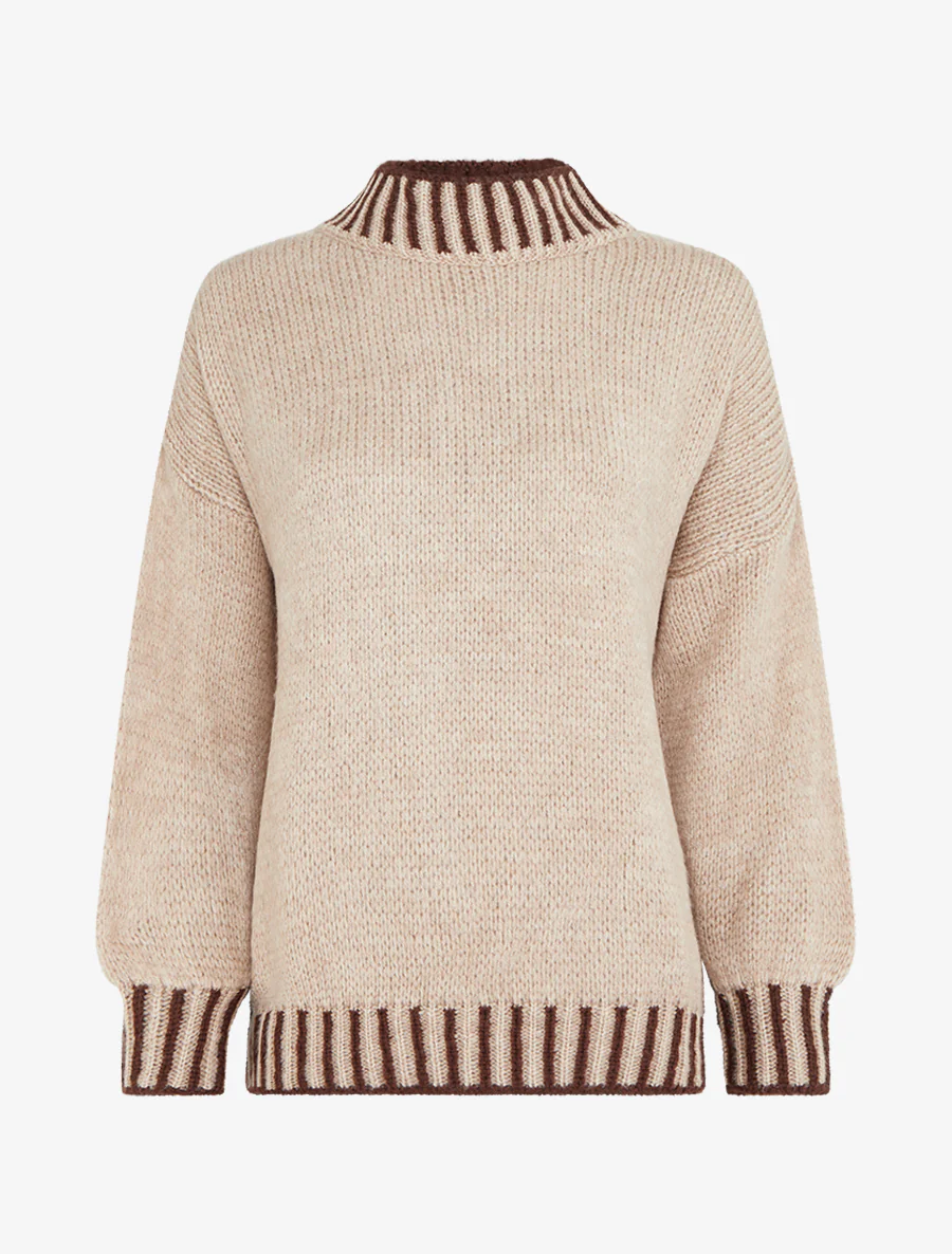 Gebreide trui met hoge kraag - Donker beige