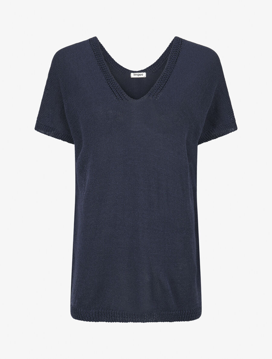 Gebreide trui met korte mouwen - Marineblauw