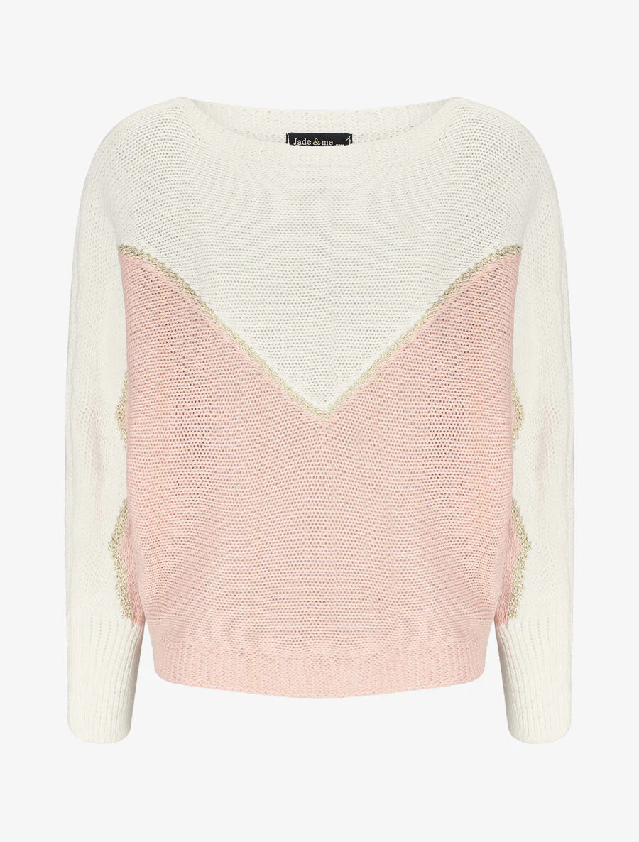 Gebreide V-patroon glanzende trui - Roze