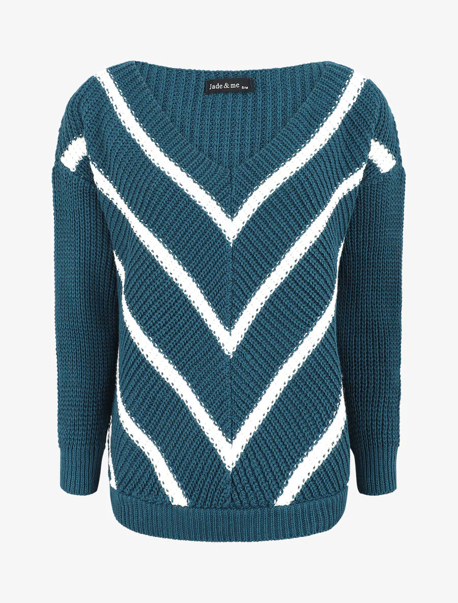 Gebreide V-streep print trui - Eendblauw