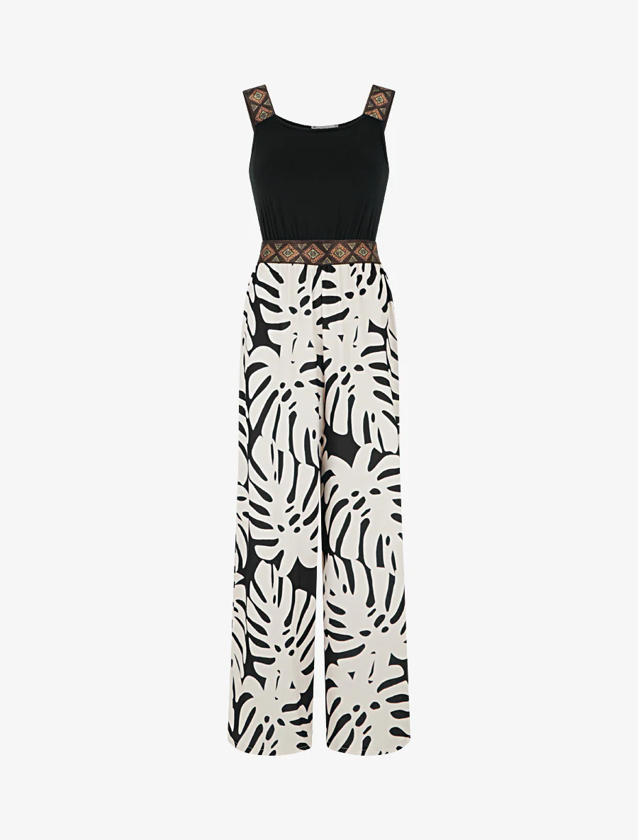 Gedessineerde bladeren jumpsuit met glanzende bandjes - Zwart