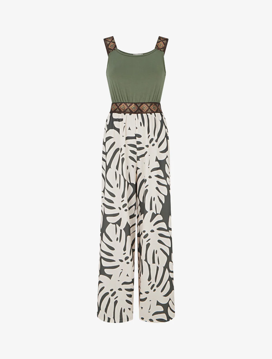 Gedessineerde bladeren jumpsuit met glanzende bandjes - Kaki