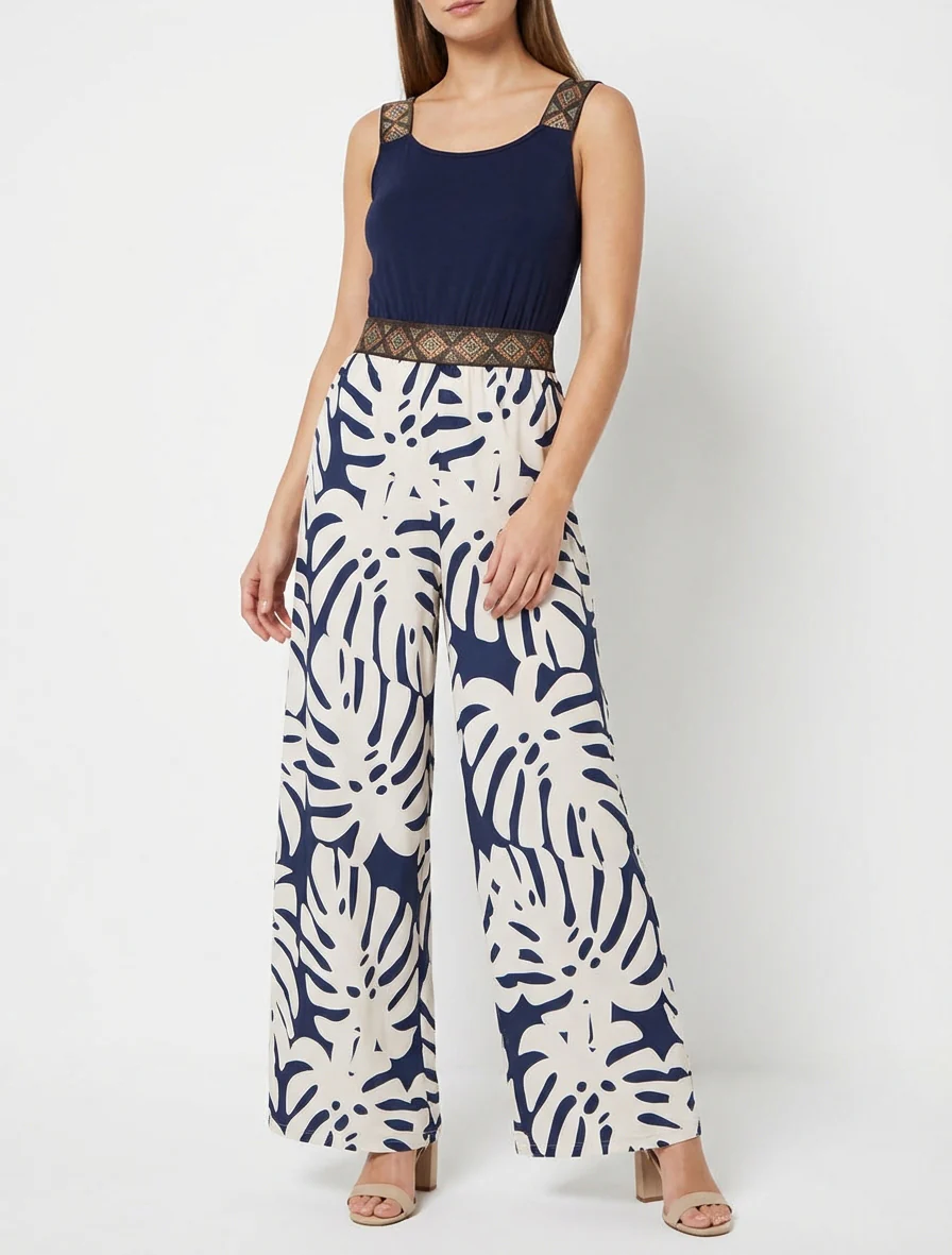 Gedessineerde bladeren jumpsuit met glanzende bandjes - Marine - Image 4