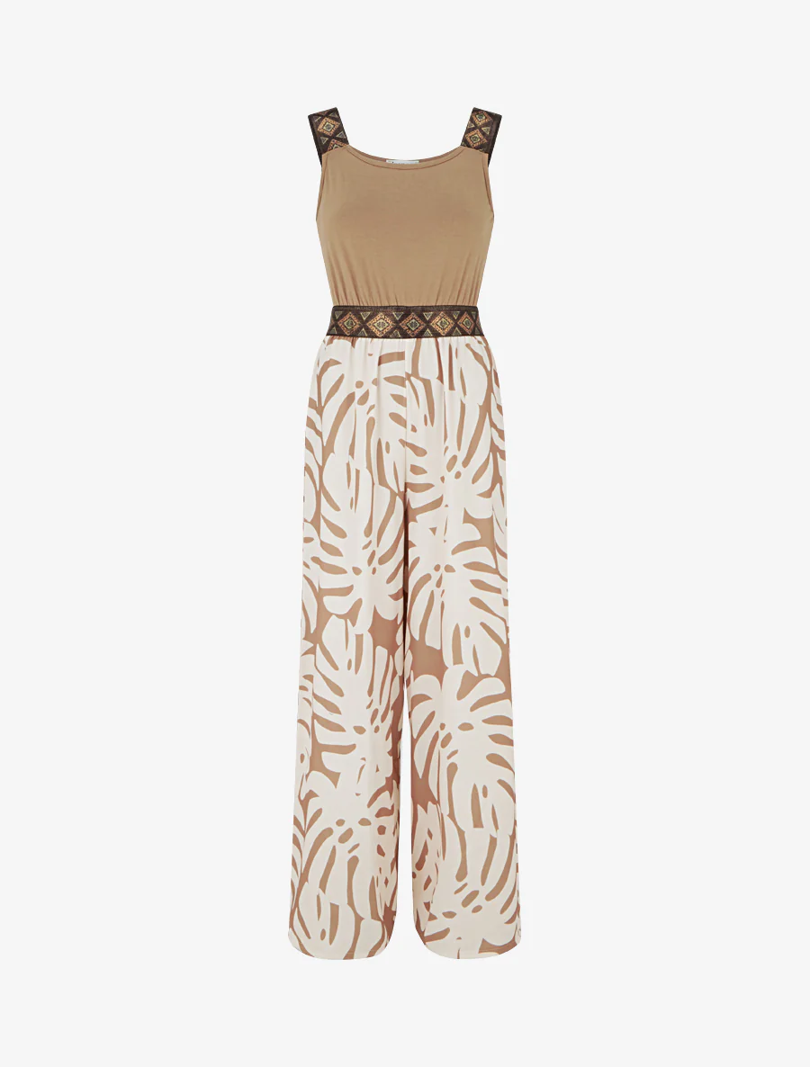 Gedessineerde bladeren jumpsuit met glanzende bandjes - Kameel