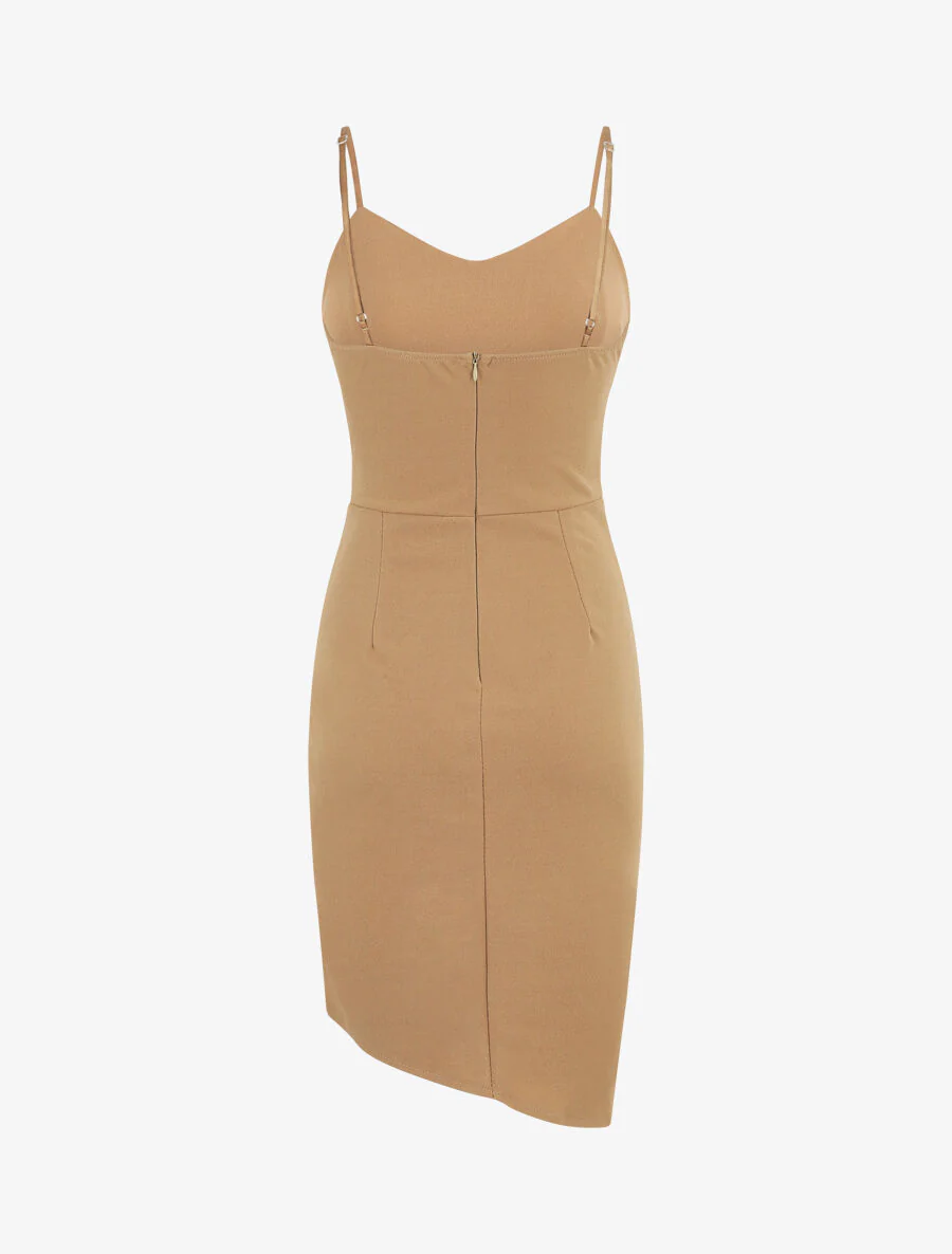 Gedrapeerde jurk met schouderbandjes en gesp - taupe - Image 2