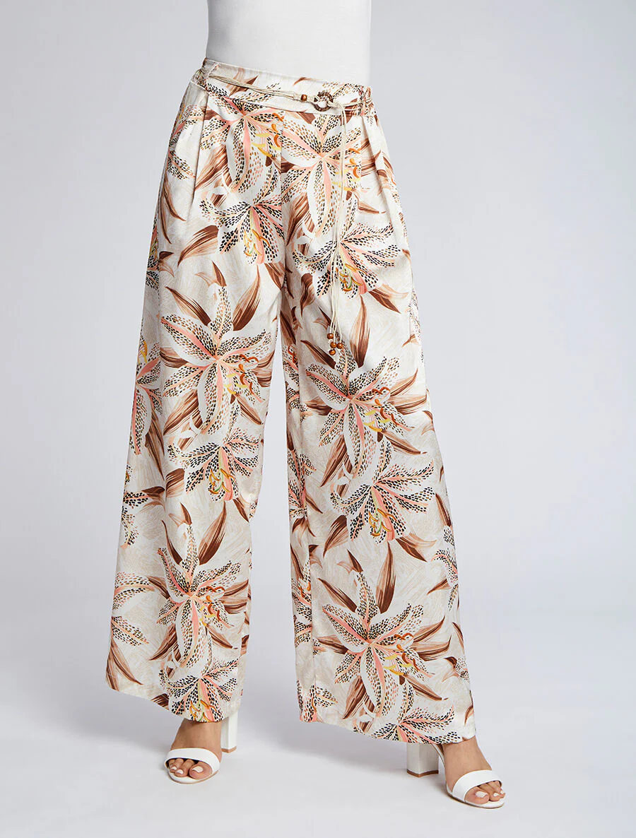 Gedrukte lis bloemen vloeiende broek - Beige - Image 3