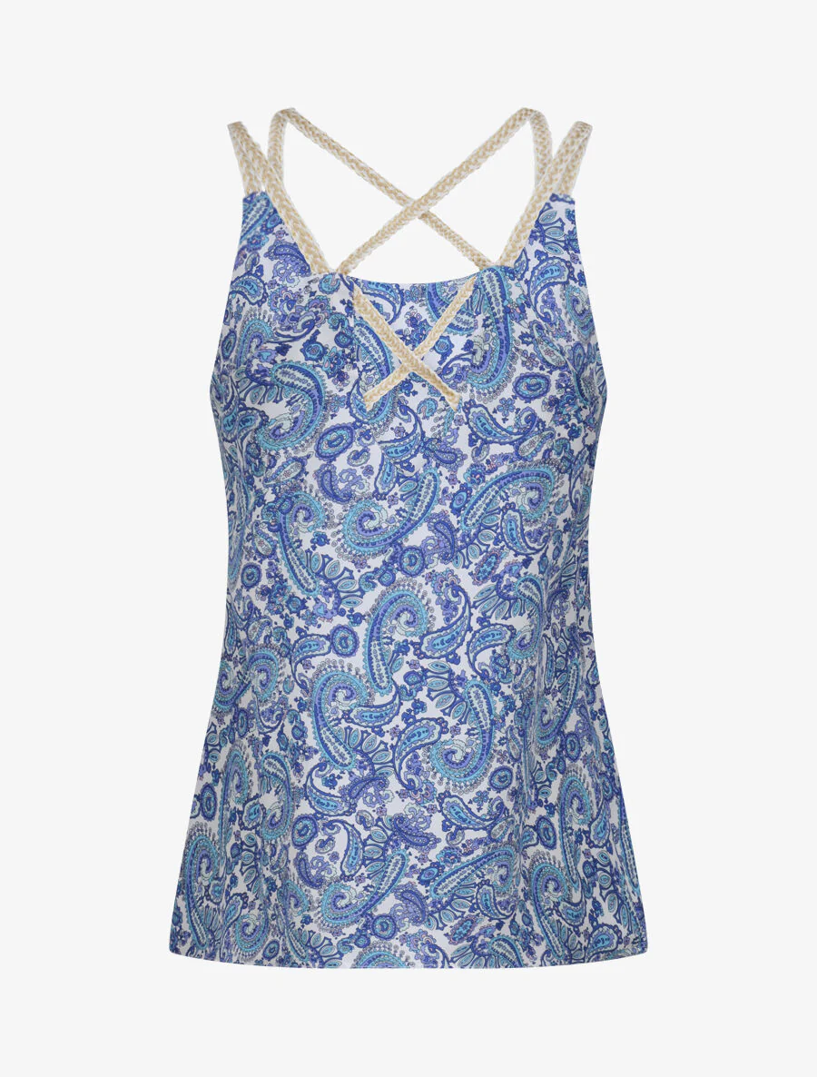 Gedrukte mozaïek top met gevlochten bandjes - Blauw - Image 2