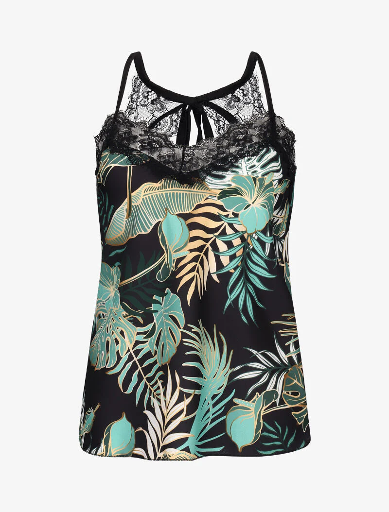 Gedrukte tanktop met racerback en kanten achterkant - zwart