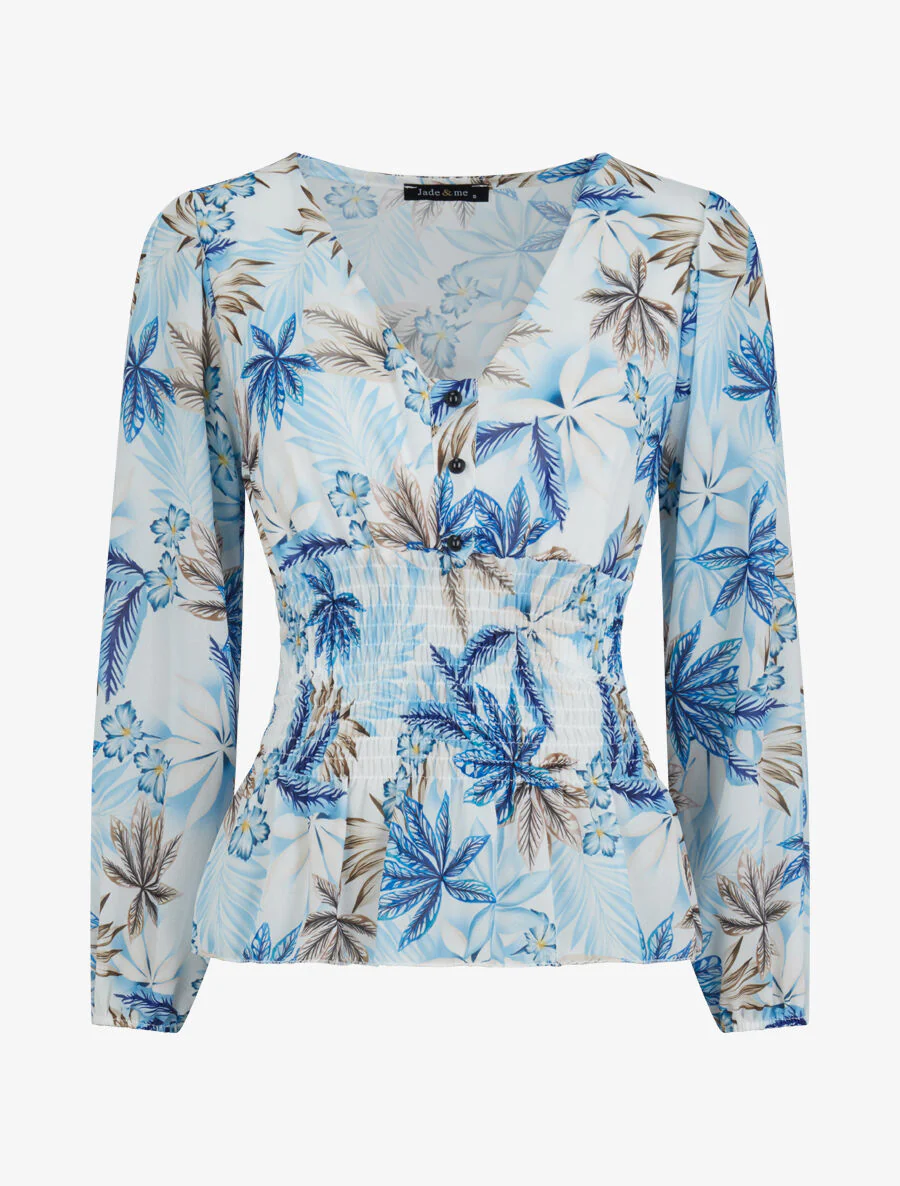 Gedrukte tropische elastische bovenkant - Blauw