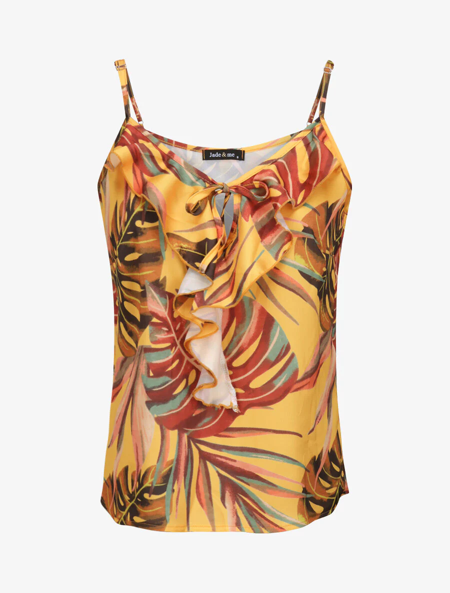 Gedrukte tropische vierkante tanktop met ruches aan de hals - Mosterd