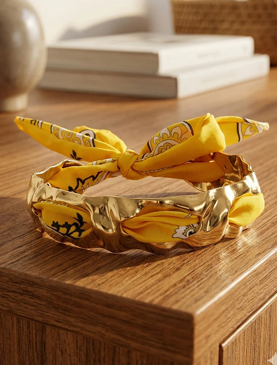 Gehamerde ring met decoratieve bandana-stijl verbinding. - Geel
