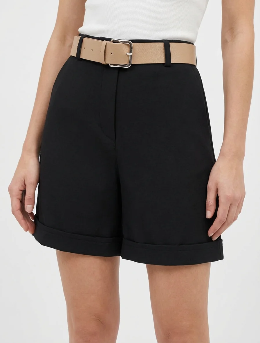 Geknoopte korte broek met omslagboord - Zwart - Image 4