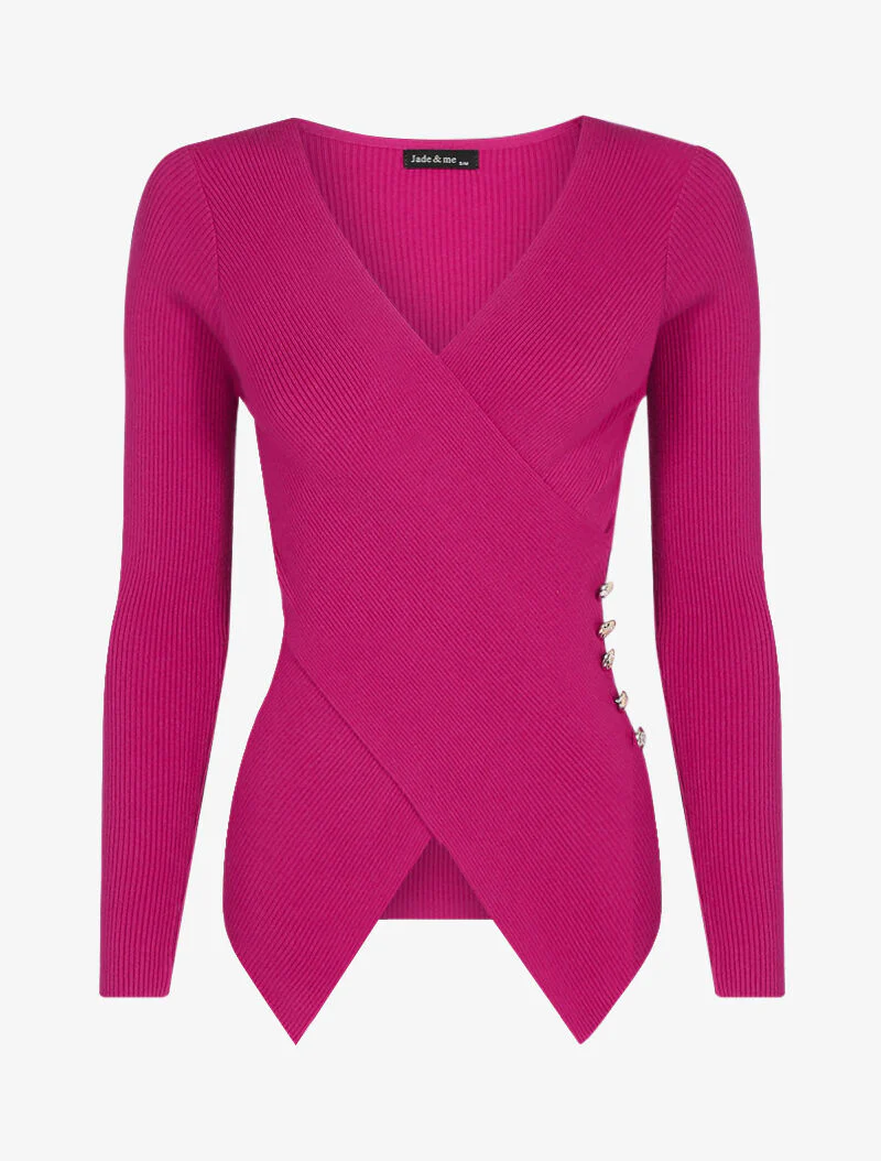 Geribbelde trui met gekruiste panden - fuchsia