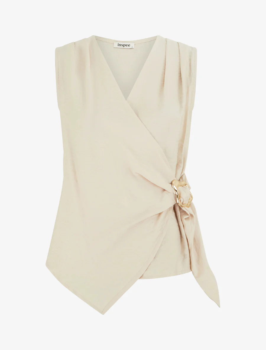 Gekruiste top met sierstuk. - Beige